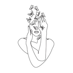 Woman face with butterfly. Line art female hands with butterflies. Abstract face with butterfly by one line vector drawing. Portrait minimalistic style. Botanical print. Nature symbol of cosmetics. 