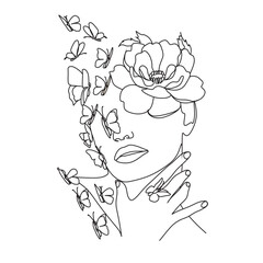 Fototapeta premium Woman face with butterfly and flowers. Line art female hands with butterflies. One line vector drawing. Portrait minimalistic style. Botanical print. Nature symbol of cosmetics.