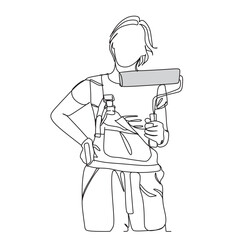 Young concerned workwoman holding paint roller for wall painting.Vector line art. One line illustration. Instruments for renovation apartment room. Repair home concept.