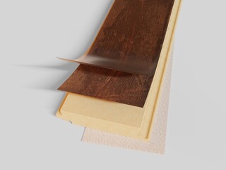 Central view and long shot to show the layers of laminate. Production and sale of building and finishing materials. Creative marketing. 3d rendering.
