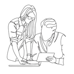Business people One line drawing. Business woman. Business man. Continuous one line drawing of business people standing with  confident pose. Minimalism design. Vector illustration.One line art.