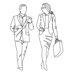 Business people One line drawing. Business woman. Business man. Continuous one line drawing of business people standing with  confident pose. Minimalism design. Vector illustration.One line art.