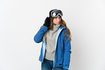 Skier girl with snowboarding glasses isolated on white background having doubts