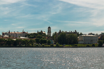 Naklejka premium View of Viborg streets and city landmarks from boat by summer day