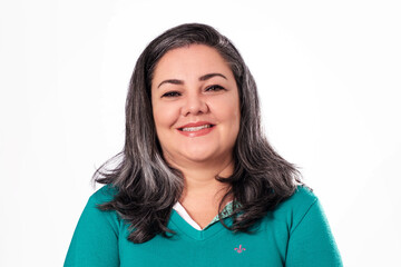 portrait of young brazilian lady with gray hair on white background.