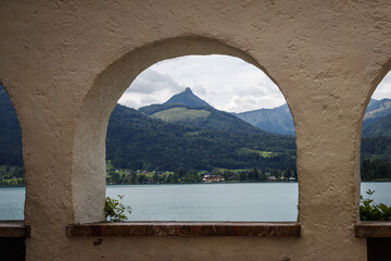 View at Wolfgangsee lake through window, St. Wolfgang, Upper Austria