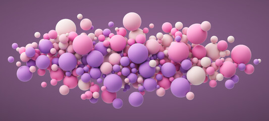 Pink and purple matte soft balls in different sizes. Abstract composition with colorful random flying spheres in pastel colors. Vector background