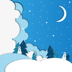 Winter landscape with christmas tree, snowman, clouds, moon and snow. Beautiful greeting card with winter landscape.