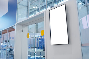 Vertical blank digital interactive white display wall at exhibition or museum with futuristic scifi...