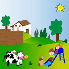 Paisaje de campo con niños tirándose por el tobogán y vacas pastando.