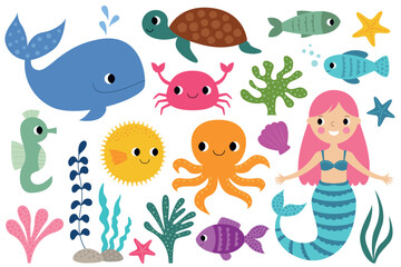 Ocean life, vector cartoon set (underwater world, animals, plants and cute mermaid)
