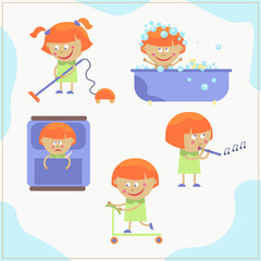 Fototapeta na wymiar Vector illustration of little girl kid activities. Vacuum cleaning preschooler. Taking bath.