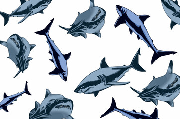  Graphical color  pattern blue sharks, stylish cover for fabric, postcards, wallpapers,graphical vector illustration. Sea and ocean habitant background design