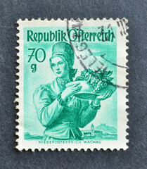 Cancelled postage stamp printed by Austria that shows Provincial Costume - Lower Austria, Wachau,...