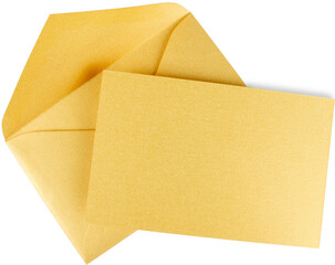 Golden envelope with a gold card isolated on white for vip clients. Empty invitation postcard top...