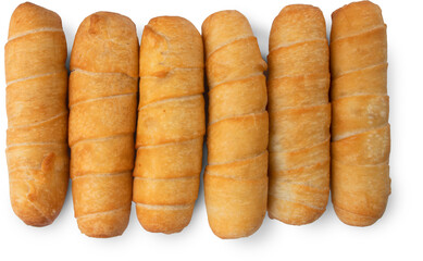 Six tequenos isolated on white. Venezuelan snack, deep fried dough cheese sticks.