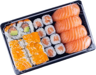 Sushi delivery box png. Japanese set menu in black transparent box. Top view
