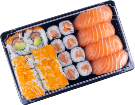 Sushi delivery box png. Japanese set menu in black transparent box. Top view