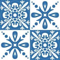 Azulejo ceramic tiles retro motif for interior decor, blue indigo geometric