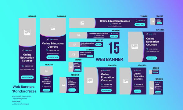 E-learning courses banner concept - modern colorful isometric web banner with copy space for text. Online education concept with text place. Can use for web banners, infographics, and hero images.