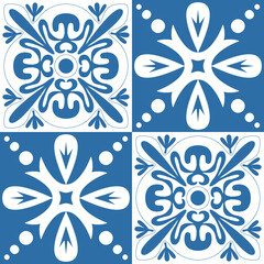 Floral motif for ceramic tiles in Spanish Azulejo style, retro blue vector Illustration for design