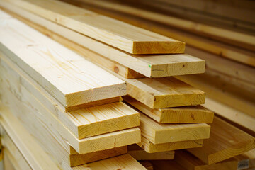 wooden boards and slabs in the hardware store.  - obrazy, fototapety, plakaty