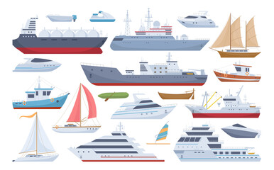 Cartoon sea ships, boats, yacht and cargo ship. Fishing boats, travel cruise and speed boat, water transportation flat vector illustrations set. Shipping boats collection © GreenSkyStudio