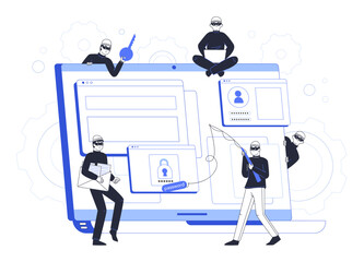 Internet scam cyber crime, hackers and cyber thieves. Cyber criminals steal database, banking info or email password flat vector illustration. Online cyber crime concept