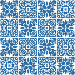 Floral motif for ceramic tiles in Spanish Azulejo style, retro blue vector Illustration for design