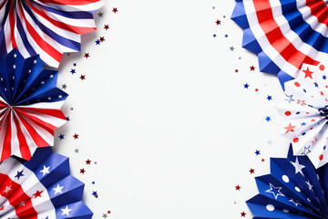American flag color paper fans with confetti isolated on white background. USA Independence Day,...