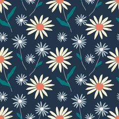 Seamless pattern with flowers. Daisies and wildflowers on a blue background. doodles perfect for textiles, wallpapers, fabrics and scrapbooking.