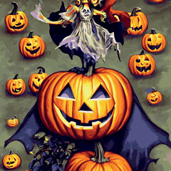 Halloween spooky graveyard flat vector background. Scary haunted house at night cartoon illustration. Horror moon, pumpkins and tombstones creepy backdrop.