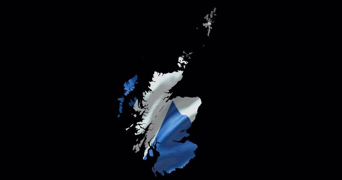 Scotland outline with waving national flag. Alpha channel background. Country shape with animation
