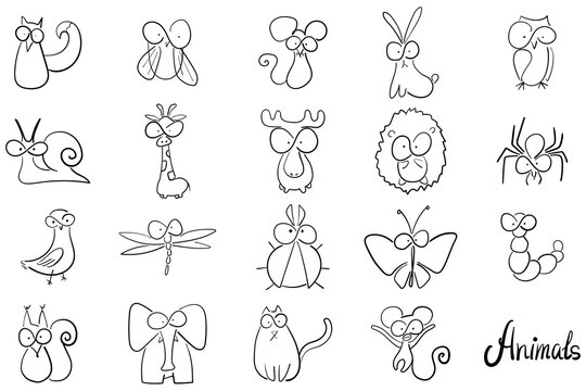 Set of vector animals. Doodle style. Various animals drawn by line.