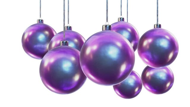 Realistic looping 3D animation of the hanging pearly violet purple semi-gloss metallic orbital spinning shining Christmas baubles rendered in UHD with alpha matte