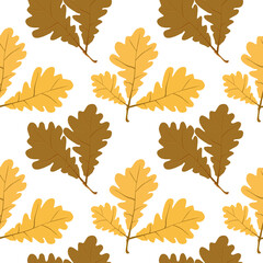 Fototapeta premium Seamless oak leaves pattern. Composition of autumn foliage with oak leaves. Colored flat vector illustration isolated on white background