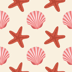 Seashells Seamless pattern. Composition of scallop and starfish background.  Seashells pattern on Sand backdrop background. Exotic beach shellfish, clamshell. Vector illustration