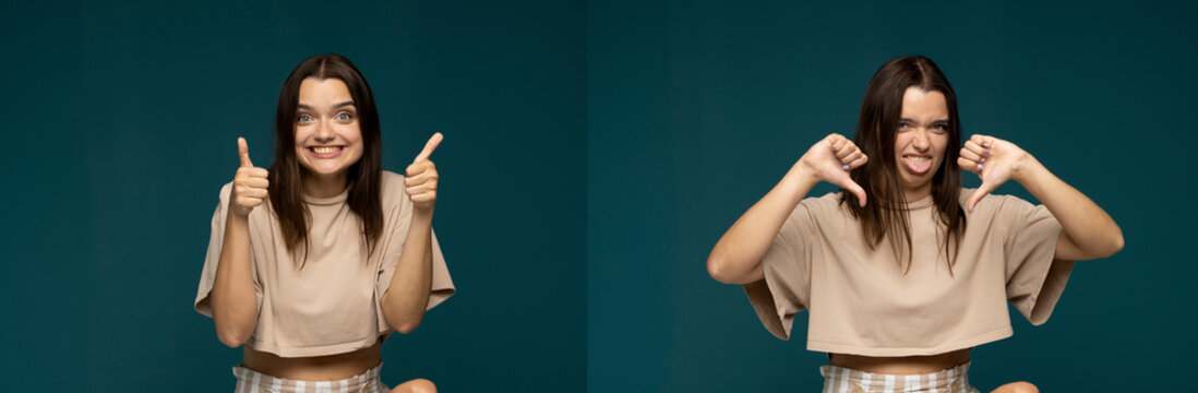 Set of two photos cheerful young brunette woman showing a gestures thumb up and thumb down on cyan color background. Like and unlike gesture.