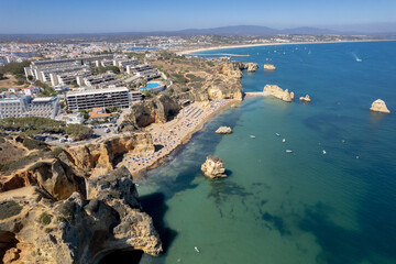 Ponta da Piedade with over rocks near Lagos in Algarve, Portugal. Ponta da Piedade, Algarve region,...