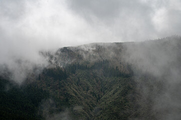 Wooded  mountains in rain clouds