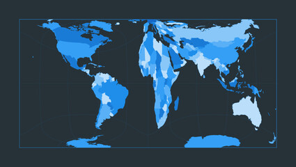 World Map. Gringorten square equal-area projection. Futuristic world illustration for your infographic. Nice blue colors palette. Vibrant vector illustration.