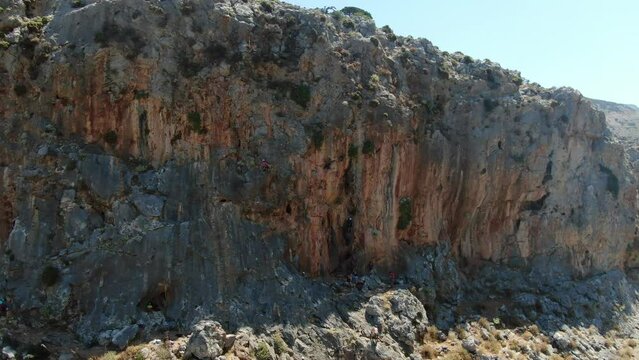 Climbing in the mountains in Kalymnos, Greece. Dronevideo.