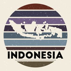 Indonesia logo. Sign with the map of country and colored stripes, vector illustration. Can be used as insignia, logotype, label, sticker or badge of the Indonesia.