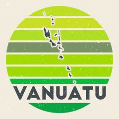 Vanuatu logo. Sign with the map of country and colored stripes, vector illustration. Can be used as insignia, logotype, label, sticker or badge of the Vanuatu.