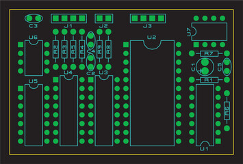 Tracing the conductors of a multilayer printed circuit board.
Vector drawing of printed tracks, transition holes,
contact pads and copper metallization areas.
Silkscreen printing, assembly drawing.