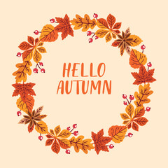 Fall floral wreath with text. Hello autumn. Postcard template