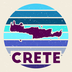 Crete logo. Sign with the map of island and colored stripes, vector illustration. Can be used as insignia, logotype, label, sticker or badge of the Crete.