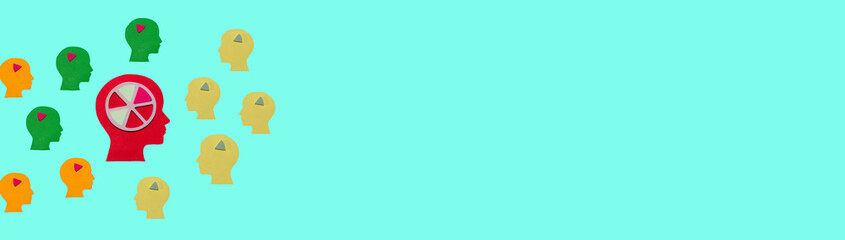 a leader who has almost the whole job in his head, around him are people who complement him, creative art design, teamwork and first among equals, banner on the right side copy space
