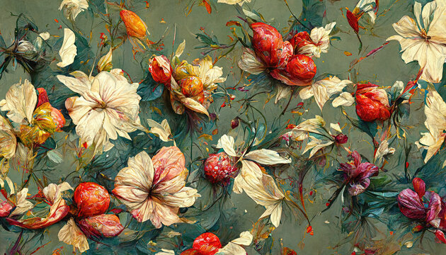 Artistic abstract flower pattern gorgeous flowers and petals ornament art design nature leaf illustration drawing, digital floral print painting vintage style wallpaper or background