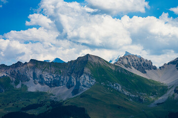 Fototapeta na wymiar View of Engstligenalp from the Engstligengrat hiking trail, Swiss Alps, Switzerland
